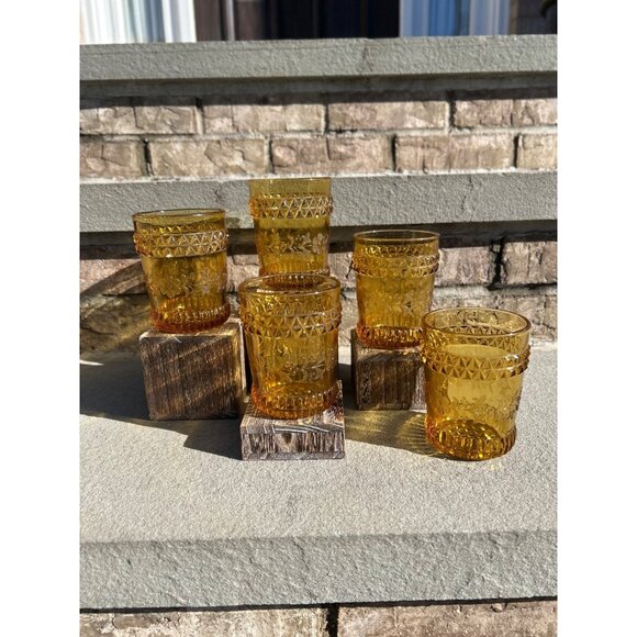 Vintage Early American Brown Wildflower Lowball Scotch Glasses. - Picture 4 of 11